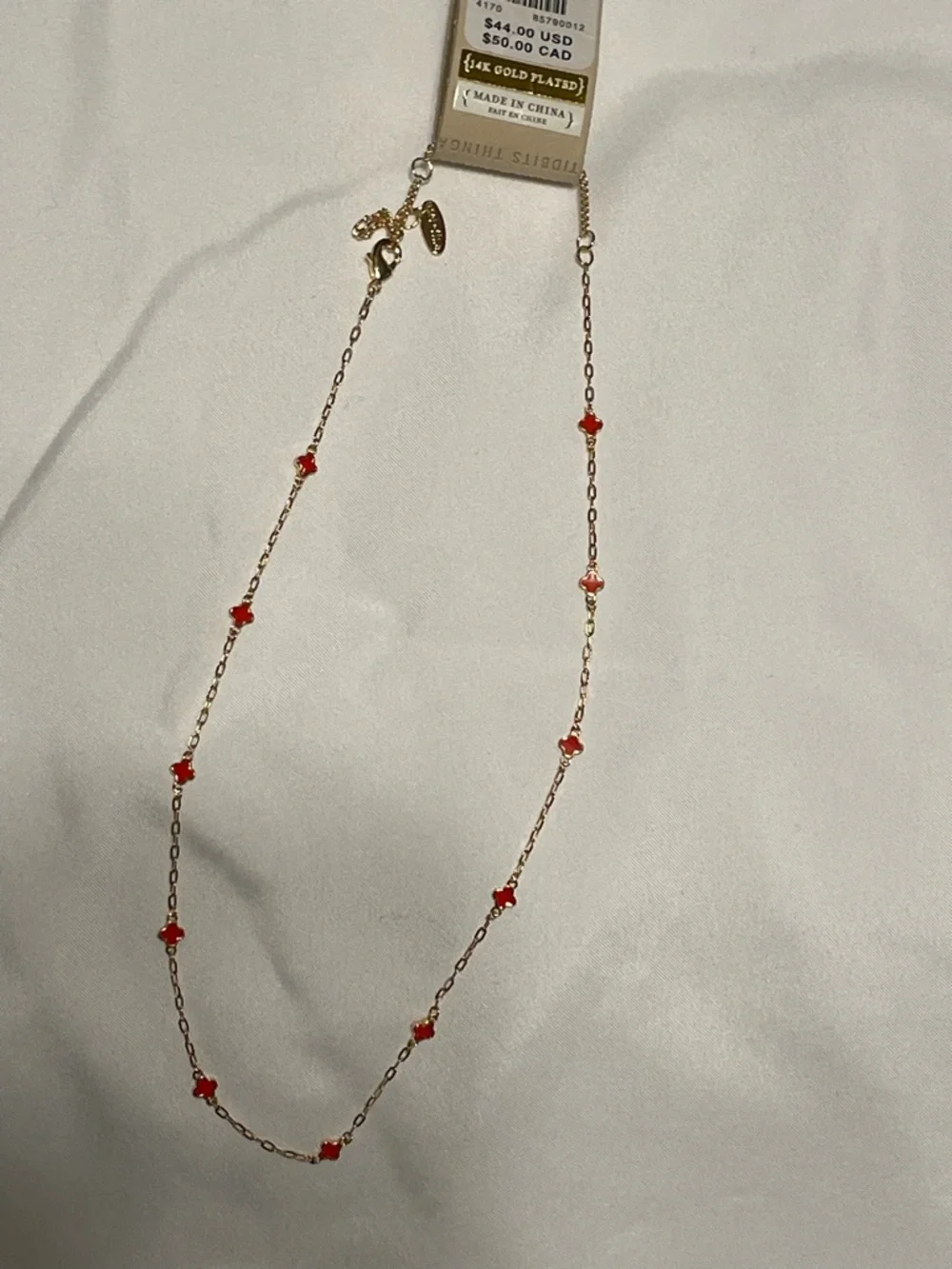 Anthropologie Gold-Tone Necklace with Red Clover Charms - Picture 3 of 4